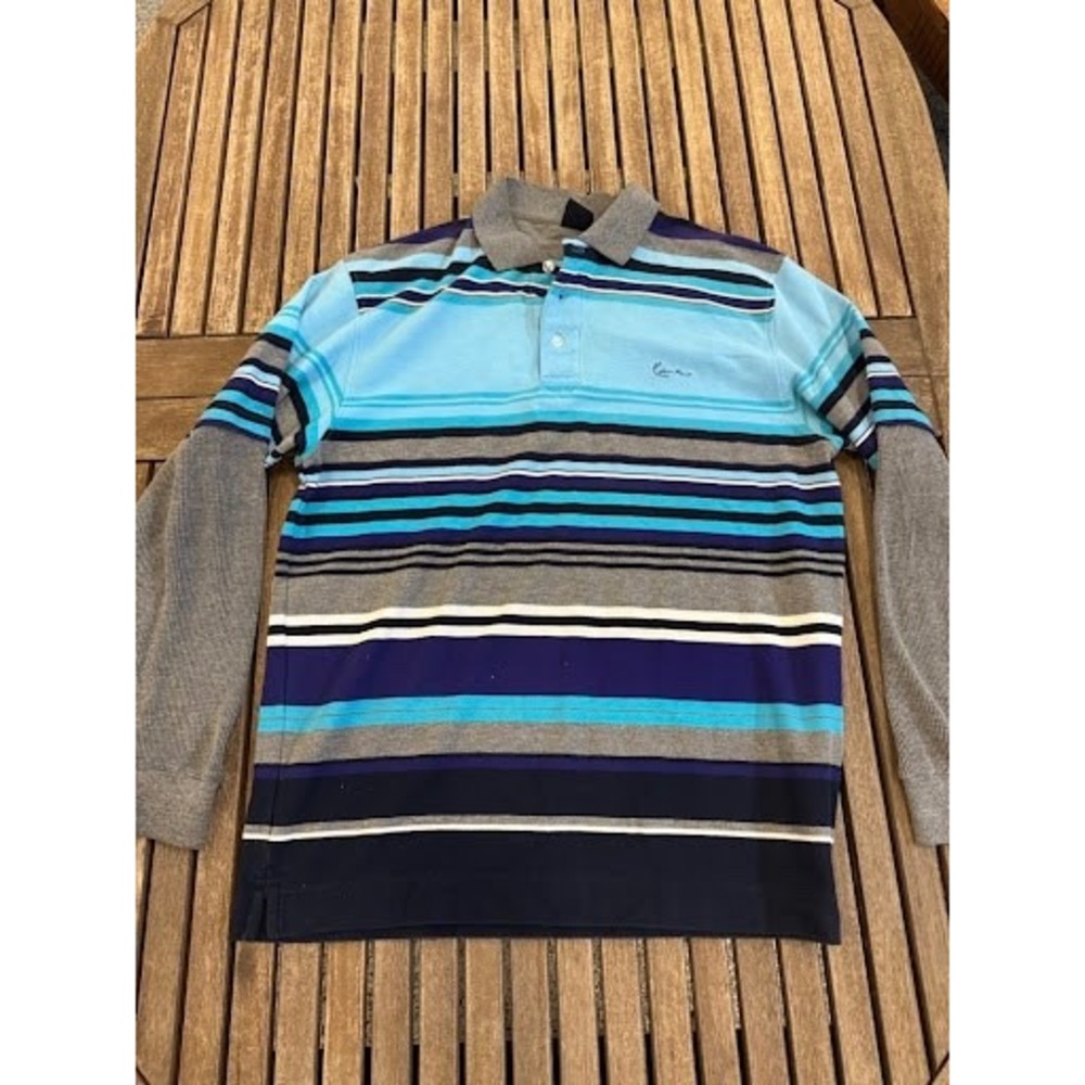 Vintage Karl Kani Gold Striped Long Sleeve Polo Shirt Blue Multi Men's Size L
